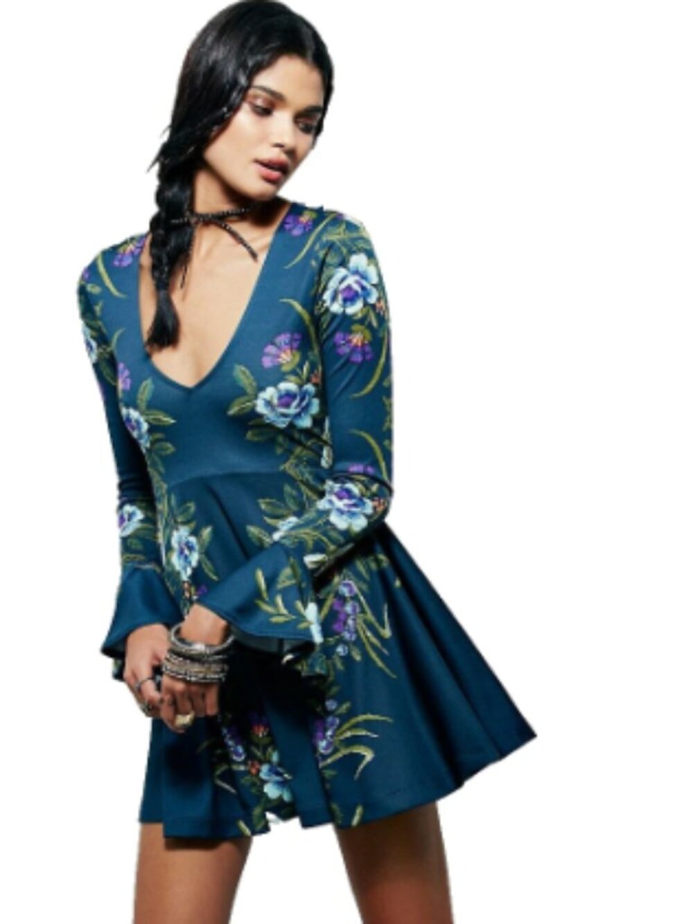 Free People Women M Teal Floral Bell Sleeve Mini Dress Open Back Boho Festival